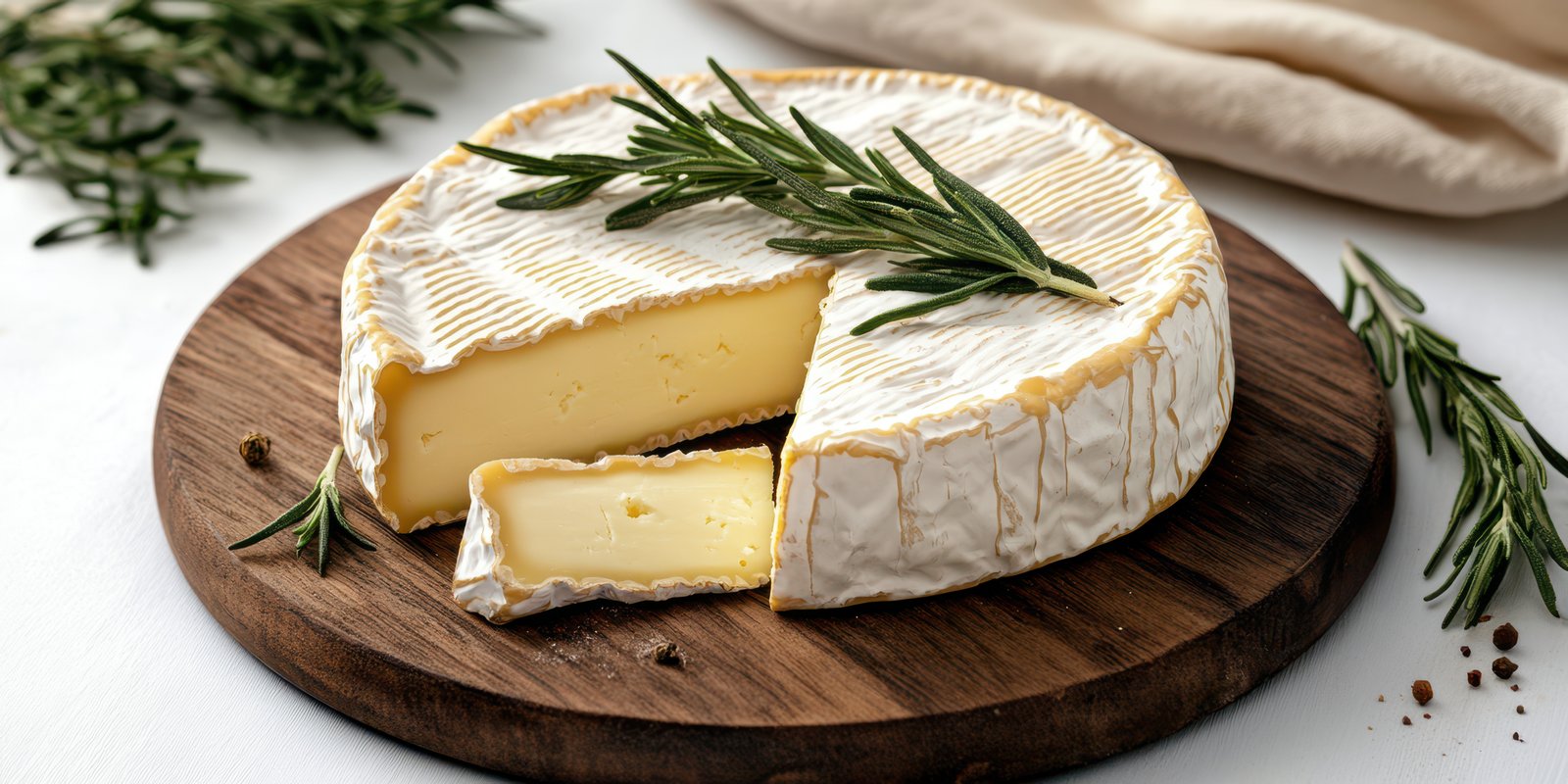 Delicious cheese wheel with fresh rosemary displayed on wooden board in modern kitchen setting